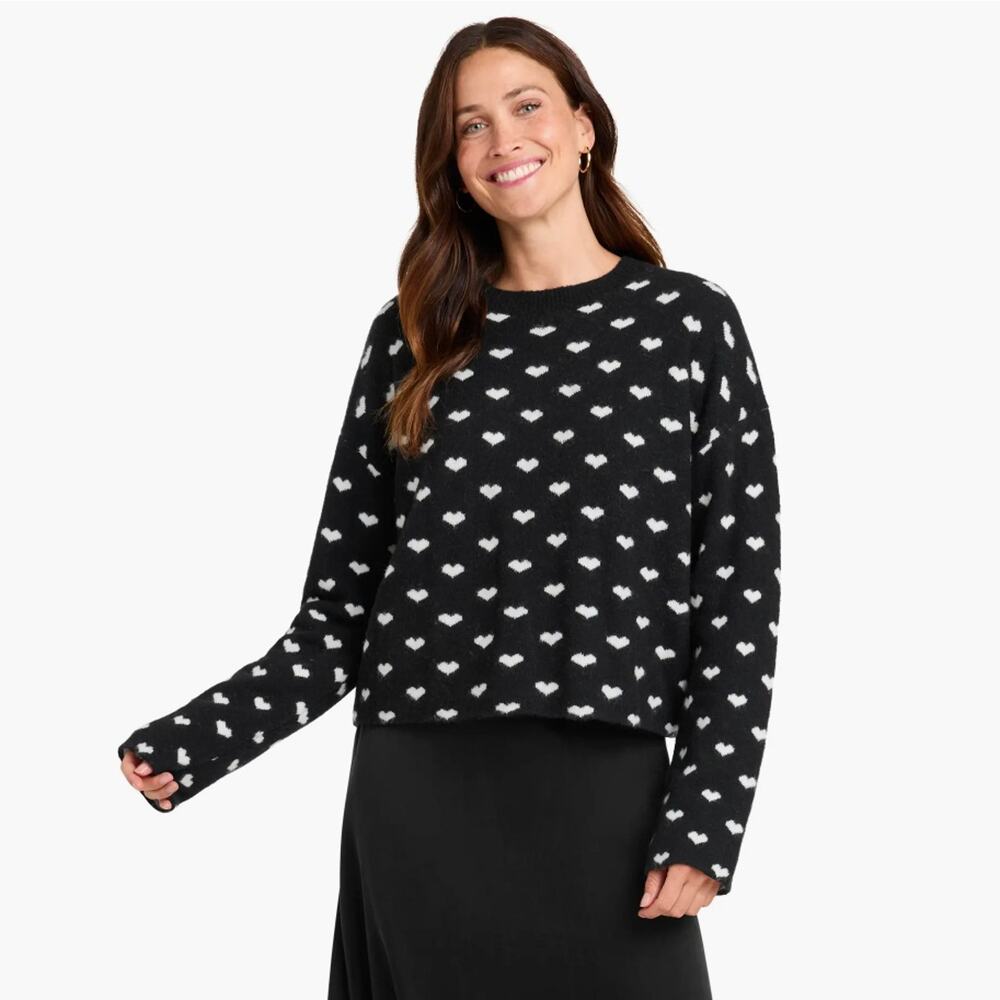 Splendid Women Black/White Knit Lolly Hearts Jacquard Crewneck Sweater Size M